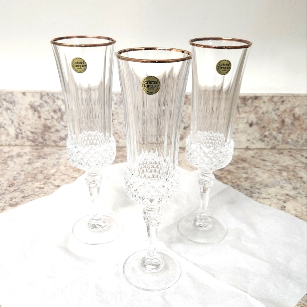 Cristal D'Arques Champagne Flutes with‎ Gold Rim set of 3